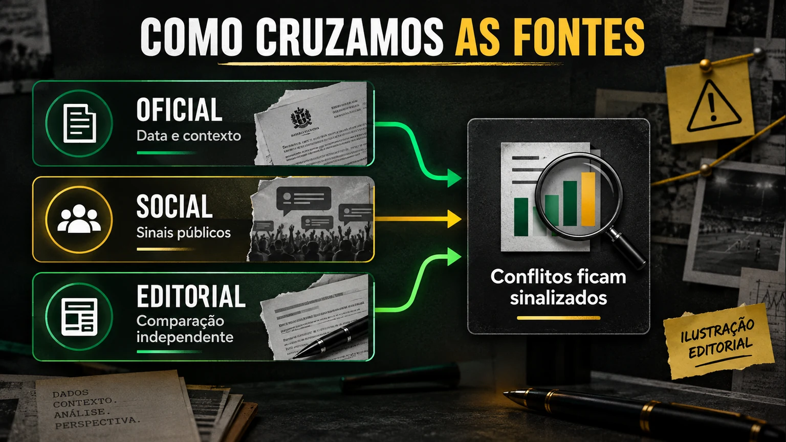 Comparação datada entre evidências próprias e editoriais